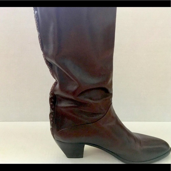 Italian leather boots mid calf slouchy brown soft leather block heel almond toe - Picture 8 of 14
